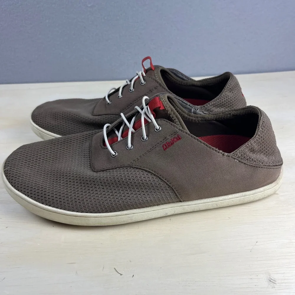 OluKai Nohea Moku Mens 10 Gray Red Boat Shoes Mesh Sneakers 10283-RK13